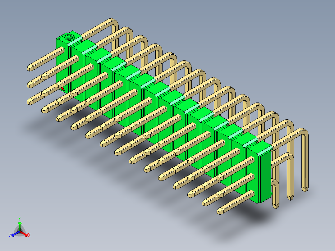 彩色公排针 100mil 2.54mm 系列-DS1022_green_3x14p_100mil_TypeD_rev1.0正等轴测图