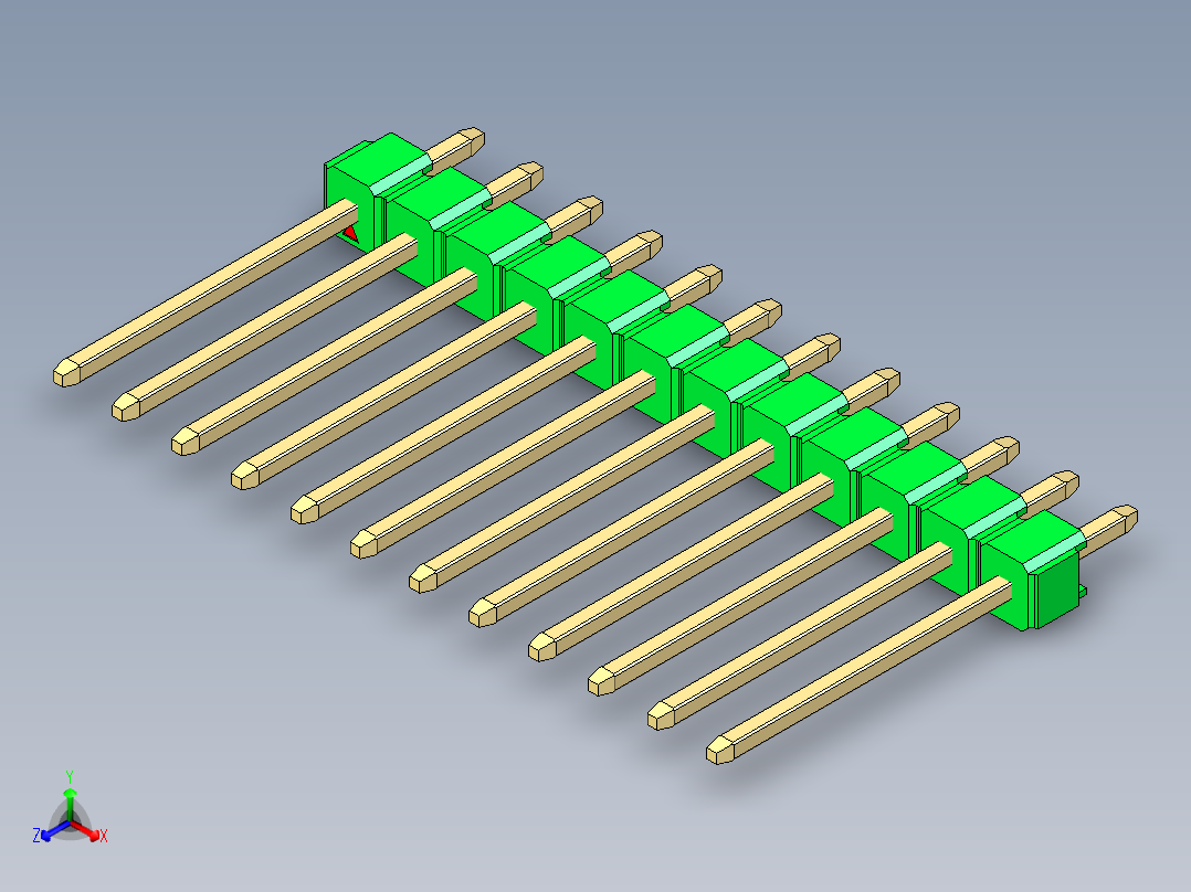 彩色公头100mil（2.54mm）系列-DS1021_green_1x12p_100mil_Type5_rev1.0正等轴测图