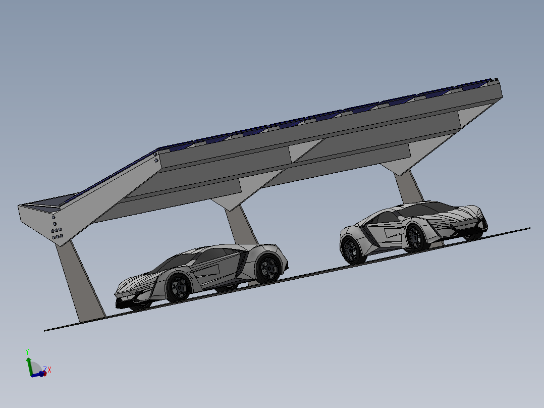 带<span style='color: red'>太阳能</span><span style='color: red'>电池板</span>的停车棚3D模型图纸 Solidworks设计