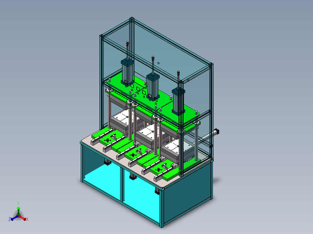 三工位热压机（sw16可编辑+cad+工程图）正等轴测图