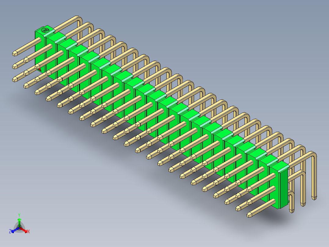 彩色公排针 100mil 2.54mm 系列-DS1022_green_3x22p_100mil_TypeD_rev1.0正等轴测图