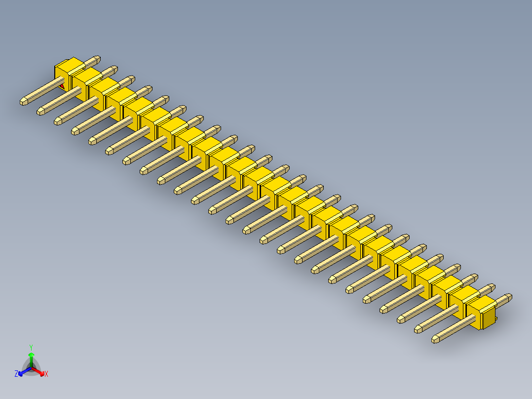 彩色公头100mil（2.54mm）系列-DS1021_yellow_1x25p_100mil_Type1_rev1.0正等轴测图