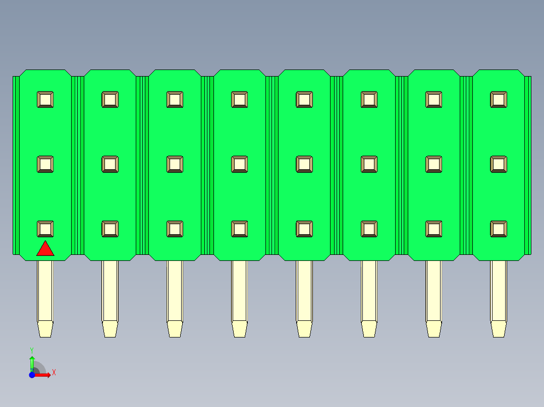 彩色公排针 100mil 2.54mm 系列-DS1022_green_3x08p_100mil_TypeD_rev1.0前视图