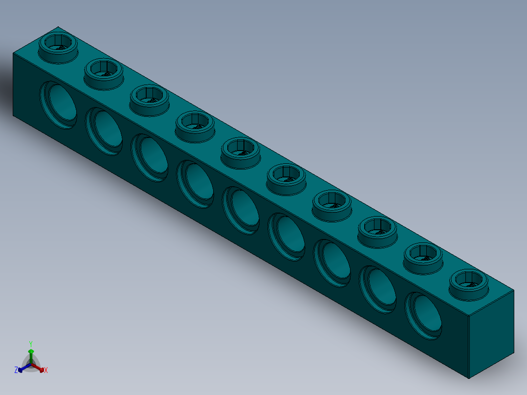 乐高机械组积木（横梁）-2730 Teal - Bright Bluish Green Technic Brick 1 x 10 with Holes正等轴测图