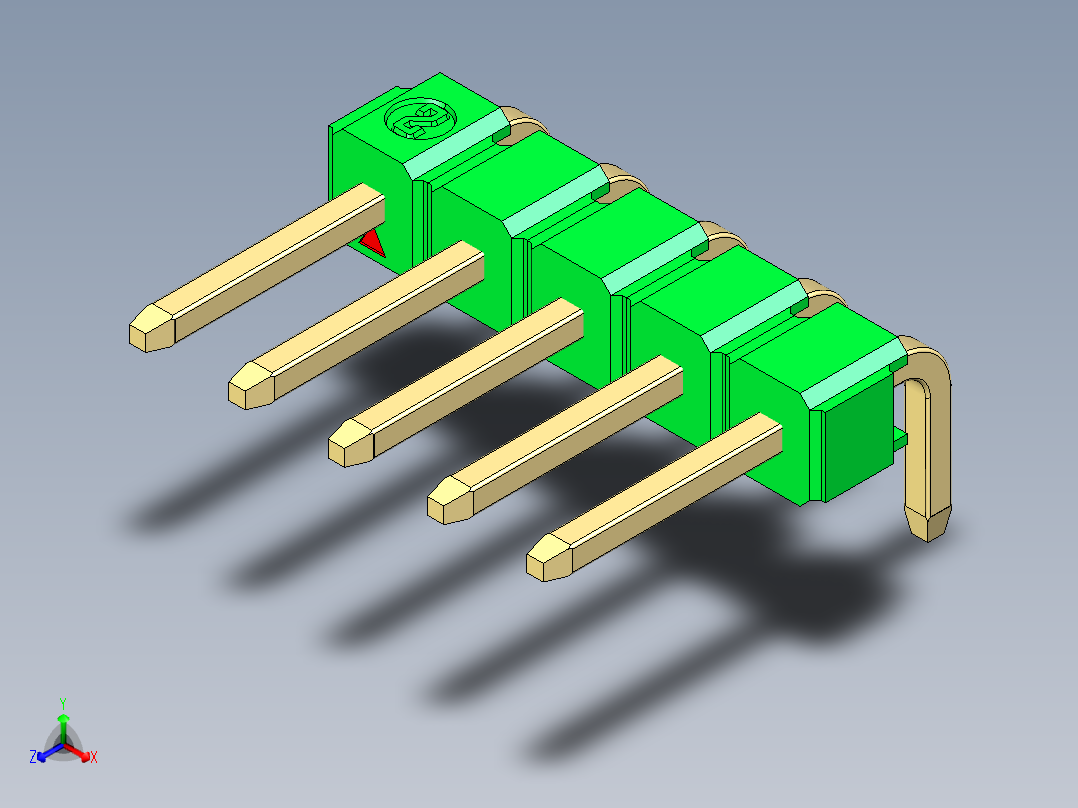 彩色公排针 100mil 2.54mm 系列-DS1022_green_1x05p_100mil_TypeD_rev1.0正等轴测图