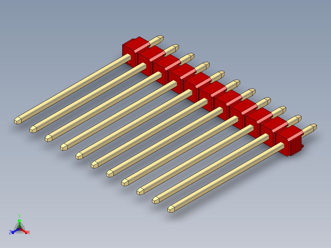 彩色公头100mil（2.54mm）系列-DS1021_red_1x11p_100mil_Type19_rev1.0正等轴测图