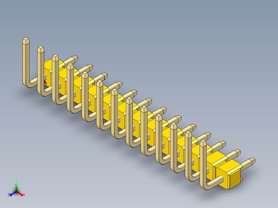 彩色公排针 100mil 2.54mm 系列-DS1022_yellow_13p_100mil_TypeU_rev1.0正等轴测图