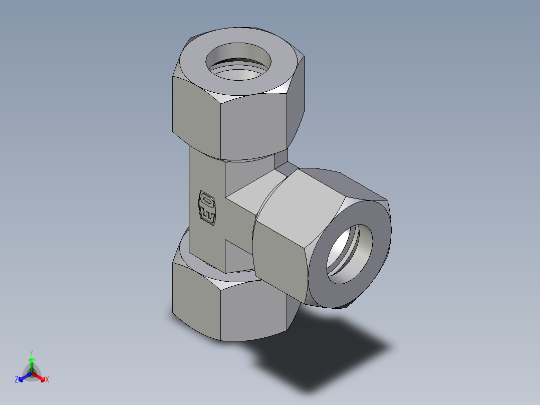 卡套式工业通用硬管接头EO_Swivel_nut_run_tee_EL20ZS71正等轴测图