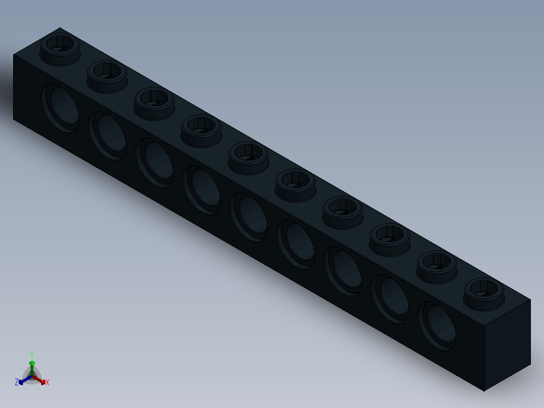 乐高机械组积木（横梁）-273026 Black Technic Brick 1 x 10 with Holes正等轴测图