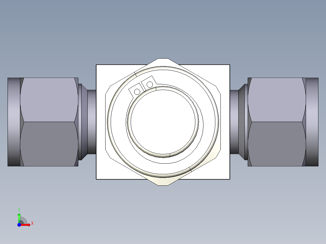 不锈钢三通型颗粒过滤器，12 mm世伟洛克卡套式管接头，无滤芯前视图