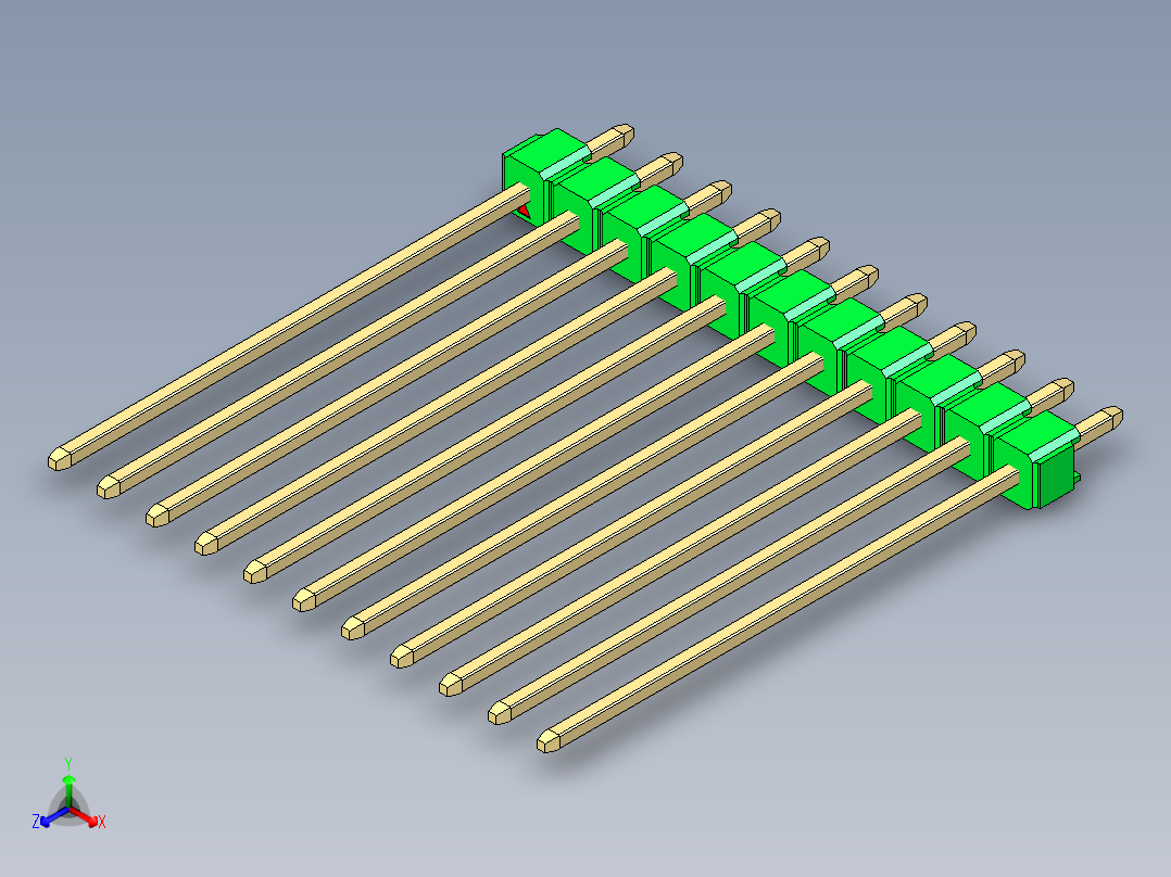 彩色公头100mil（2.54mm）系列-DS1021_green_1x11p_100mil_Type43_rev1.0正等轴测图